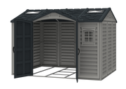 A gray Apex Pro 10.5x 8 garden shed with double doors open, revealing a spacious interior and a window on the side. The shed has a black roof with two skylights.