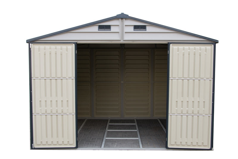Open view of Duramax WoodSide Plus 10.5'x8' shed displaying spacious interior with wide double doors and robust flooring.