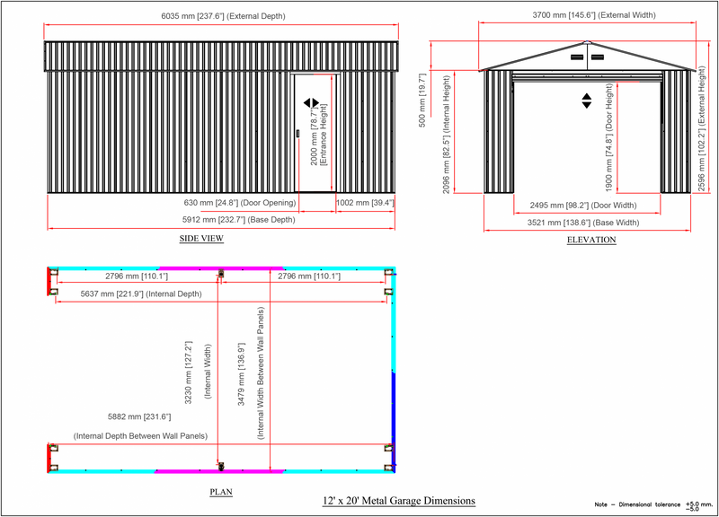 Scaled Diagram of the 12x20 Metal Garage by Duramax