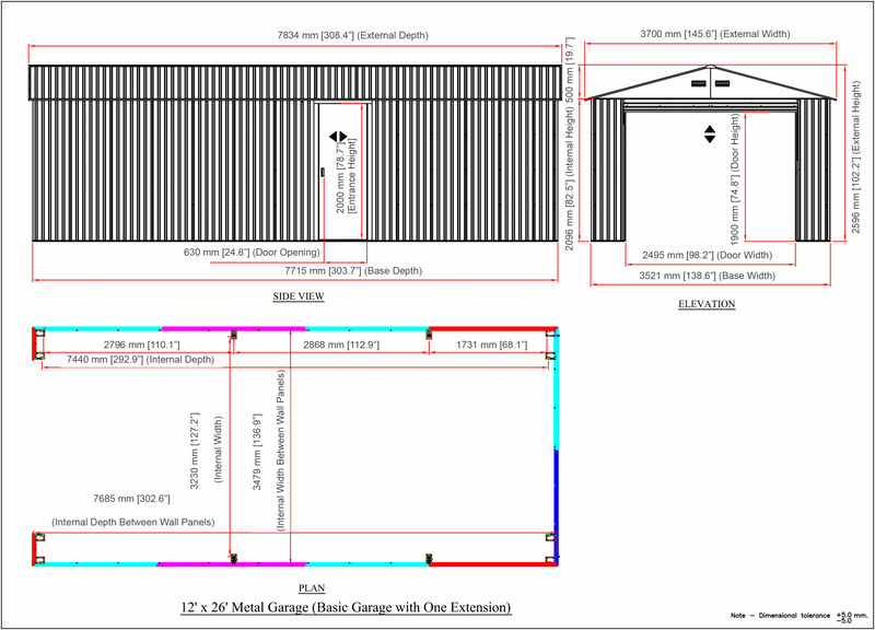 Technical Diagram of the Duramax Metal Garage 12x26