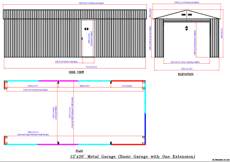 Dimensions of the Imperial Metal Garage by Duramax size 12 x 26 ft.