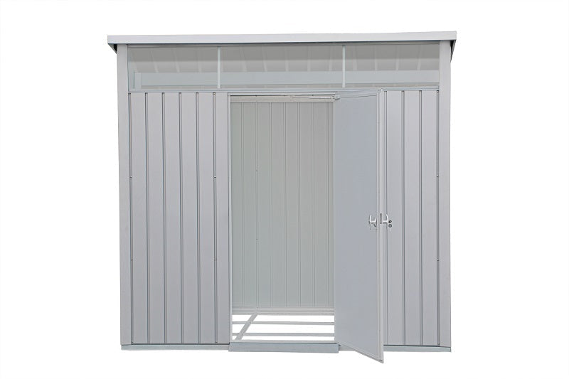 Front view of the Duramax Palladium 6' x 5' Metal Shed, empty inside.