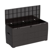 Open Duramax 270 Liter Outdoor Storage Box in Brown, displaying spacious interior.