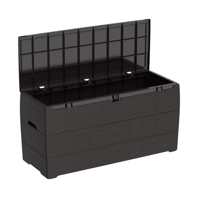Open Duramax 270 Liter Outdoor Storage Box in Brown, displaying spacious interior.