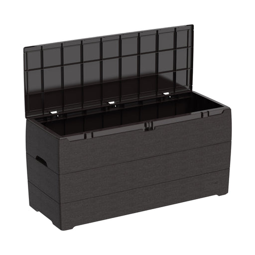 Open Duramax 270 Liter Outdoor Storage Box in Brown, displaying spacious interior.