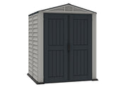 Frontal view of a grey Duramax YardMate Plus 5'x5' garden shed with double doors closed, ideal for backyard storage.