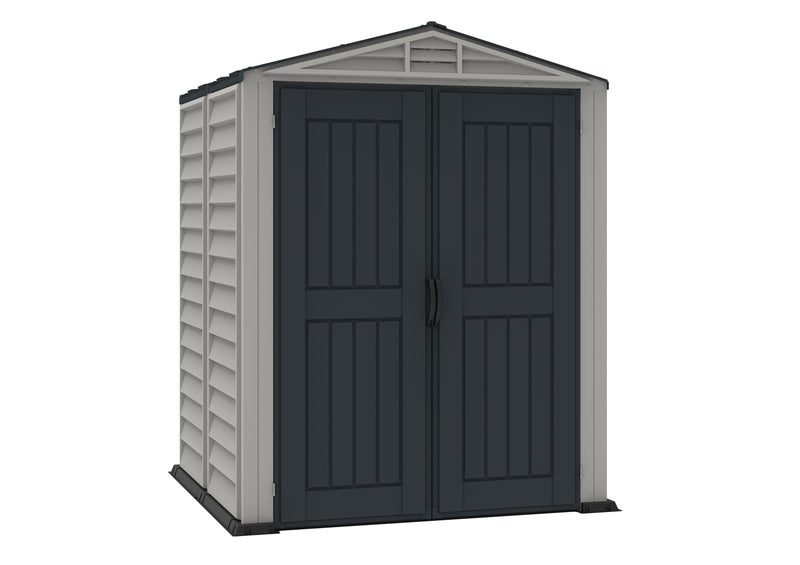 Frontal view of a grey Duramax YardMate Plus 5'x5' garden shed with double doors closed, ideal for backyard storage.