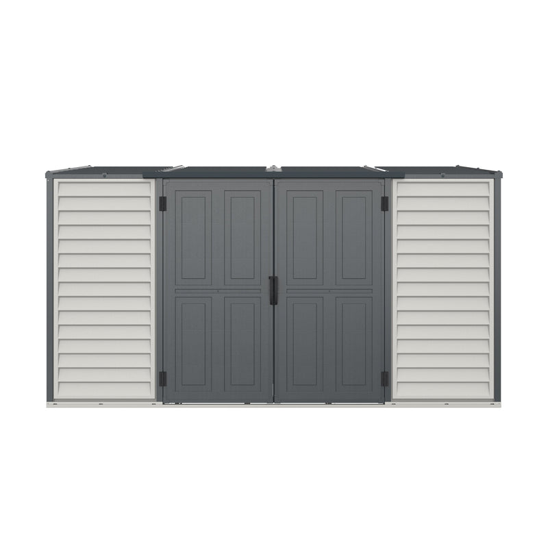 Duramax Sidemate 10'x 4' vinyl resin storage shed in grey and beige, with double doors.