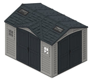 Spacious and durable Duramax Apex Pro shed with double doors, multiple windows, and skylights, perfect for outdoor storage.