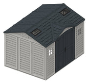 A 3D rendering of a Duramax Apex Pro shed in gray with double doors slightly ajar. The shed features a black roof with multiple skylights and a window on the side.