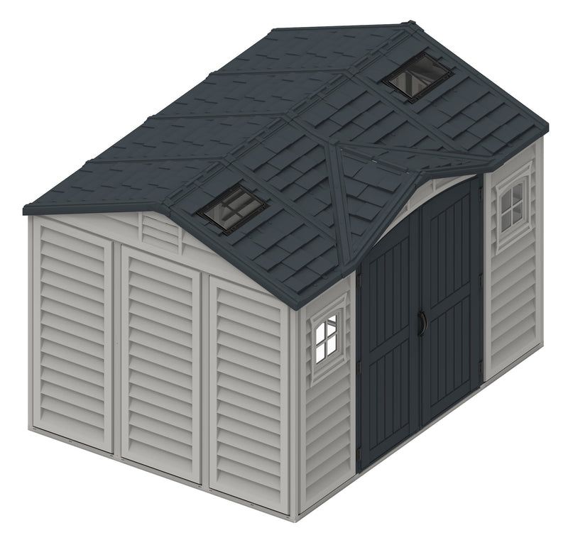 A 3D rendering of a Duramax Apex Pro shed in gray with double doors slightly ajar. The shed features a black roof with multiple skylights and a window on the side.
