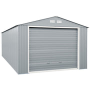 Duramax Imperial metal garage, 12x20, displayed at an angle, highlighting its light gray color and off white trim with a closed roll-up door.