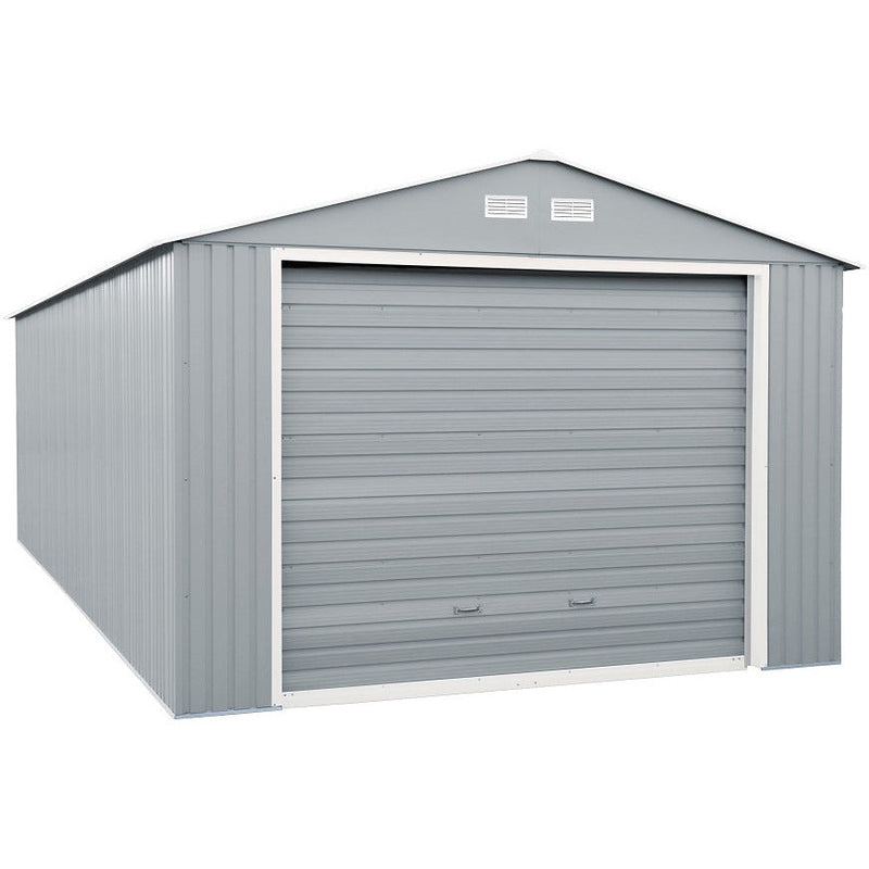 Duramax Imperial metal garage, 12x20, displayed at an angle, highlighting its light gray color and off white trim with a closed roll-up door.
