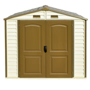 Frontal view of Duramax StoreAll 8'x6' Vinyl Shed with Foundation, featuring stylish brown doors and side vents for air circulation.