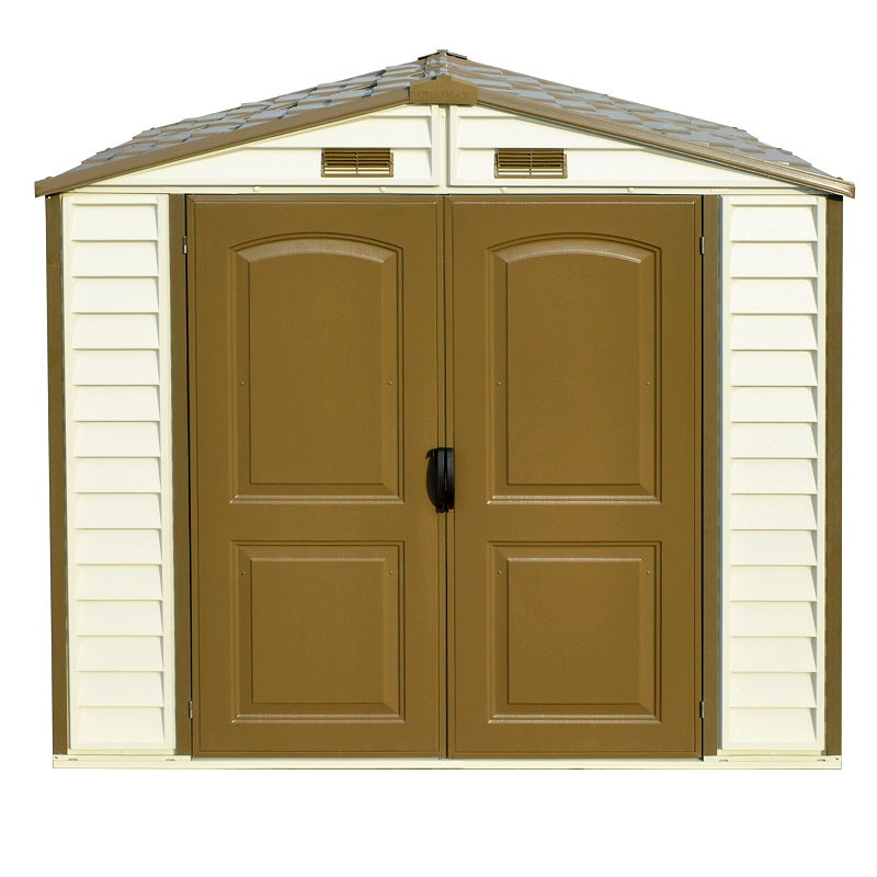 Frontal view of Duramax StoreAll 8'x6' Vinyl Shed with Foundation, featuring stylish brown doors and side vents for air circulation.