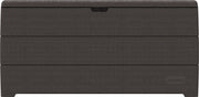 Rear view of the Duramax 416 Liter/110 Gallon Storage Box, showcasing its durable, brown textured surface and minimalistic design against a white background.