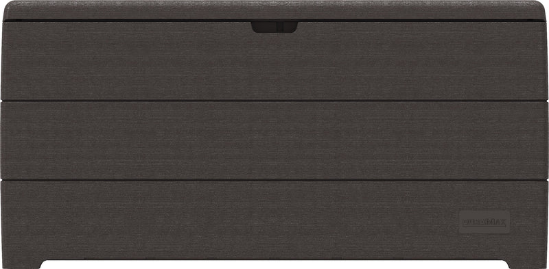 Rear view of the Duramax 416 Liter/110 Gallon Storage Box, showcasing its durable, brown textured surface and minimalistic design against a white background.