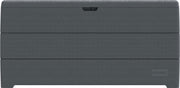 Front view of the Duramax 416 Liter/110 Gallon Outdoor Storage Box in grey, highlighting its sturdy, textured surface and sleek design.