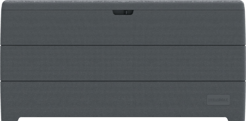 Front view of the Duramax 416 Liter/110 Gallon Outdoor Storage Box in grey, highlighting its sturdy, textured surface and sleek design.