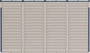 Duramax Sidemate Plus 10x4 vinyl resin storage shed with beige louvered double doors and dark trim.
