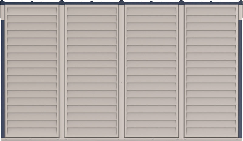Duramax Sidemate Plus 10x4 vinyl resin storage shed with beige louvered double doors and dark trim.