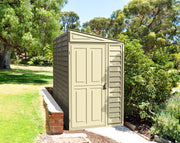 Duramax SideMate 4'x8' Shed with foundation set in a lush garden, showcasing its sleek design and practical size for outdoor storage.