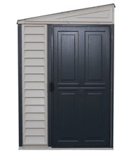 Front view of Duramax Sidemate Plus 4'x10' vinyl resin shed closed, illustrating the double doors and elegant color contrast with the building's trim.