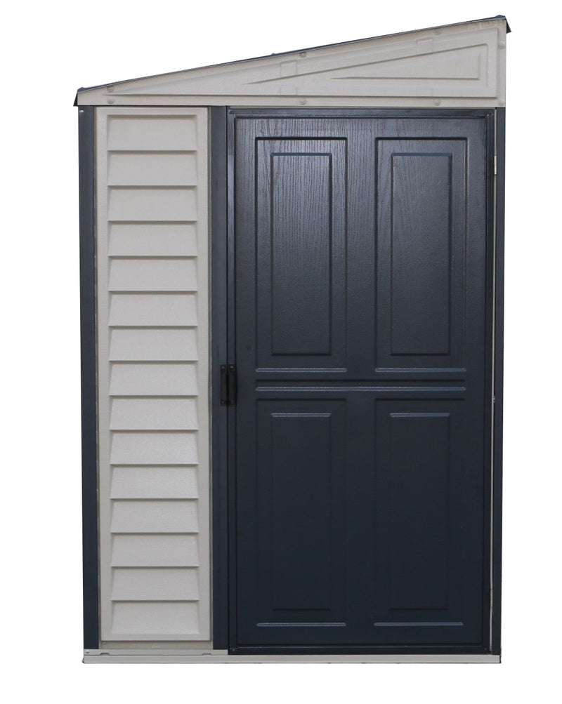 Front view of Duramax Sidemate Plus 4'x10' vinyl resin shed closed, illustrating the double doors and elegant color contrast with the building's trim.