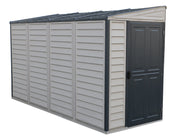 Close-up of the front double doors of the Duramax Sidemate Plus 4'x10' vinyl resin shed, featuring the secure lock and sleek design.