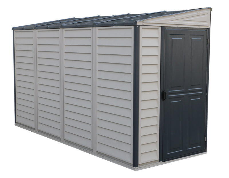 Close-up of the front double doors of the Duramax Sidemate Plus 4'x10' vinyl resin shed, featuring the secure lock and sleek design.