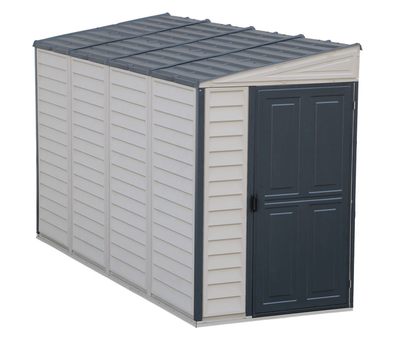 Full view of Duramax Sidemate Plus 4'x10' vinyl resin shed with closed doors, demonstrating the sleek adobe finish.