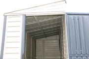 Inside view of Duramax Sidemate Plus 4'x10' vinyl resin shed's roof structure, demonstrating the solid construction and roof panel design.