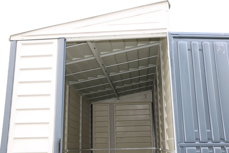 Inside view of Duramax Sidemate Plus 4'x10' vinyl resin shed's roof structure, demonstrating the solid construction and roof panel design.