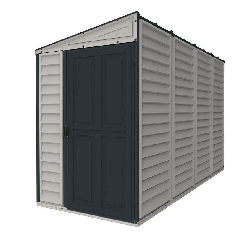 Right view of Duramax Sidemate Plus 4'x10' vinyl resin shed highlighting the door hinges and roof slope.