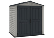 Duramax StoreMate Plus 6'x6' Vinyl Shed with Floor, featuring dark grey double doors and a sturdy build, ideal for outdoor storage needs.