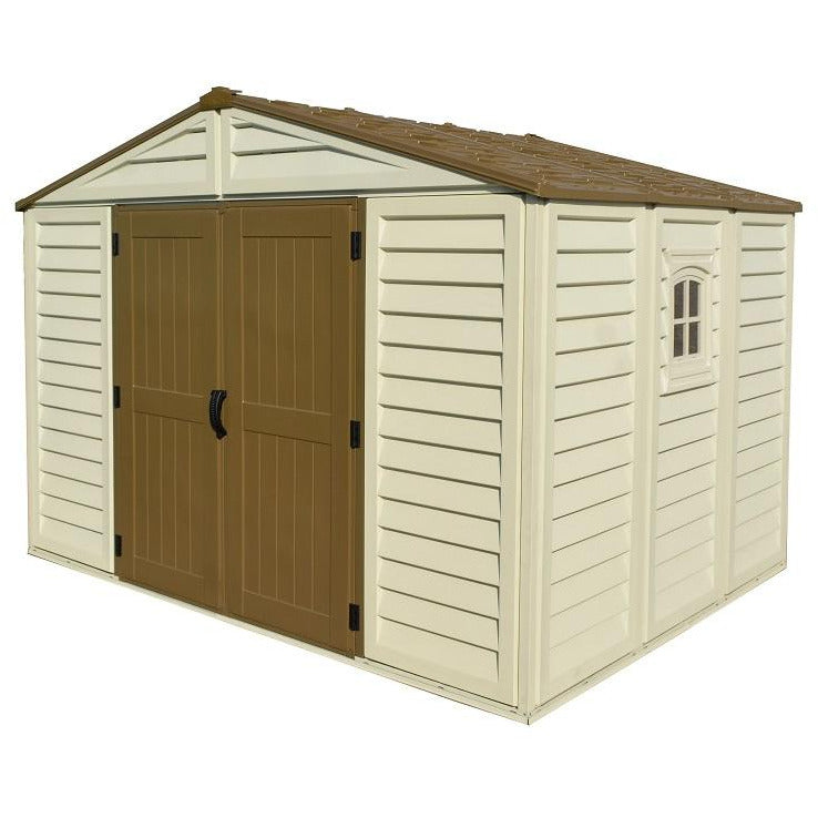 Duramax 10.5x8 Woodbridge Plus w/foundation - Backyard Oasis corner angle in white background