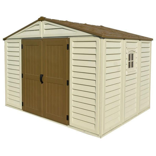 Duramax 10.5x8 Woodbridge Plus w/foundation - Backyard Oasis corner angle in white background