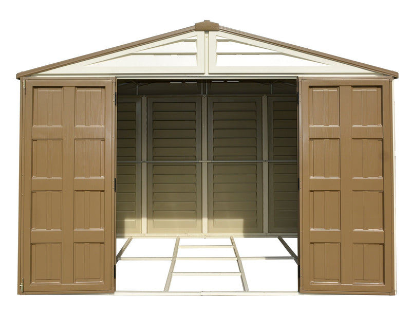 Duramax 10.5x8 Woodbridge Plus w/foundation - Backyard Oasis front view doors opened