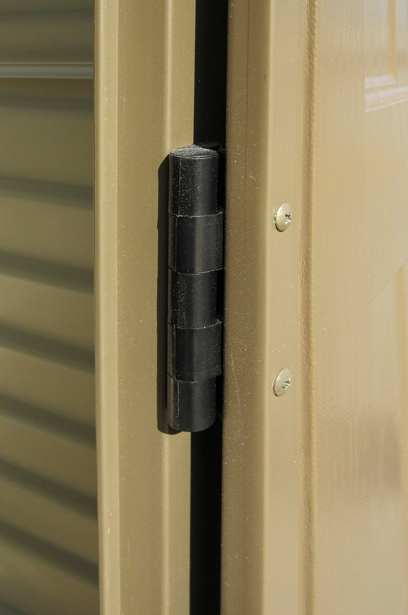 Duramax 10.5x8 Woodbridge Plus w/foundation - Backyard Oasis hinge close up view