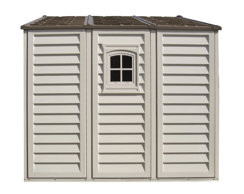 Duramax 10.5x8 Woodbridge Plus w/ Foundation - Backyard Oasis side view; wall features