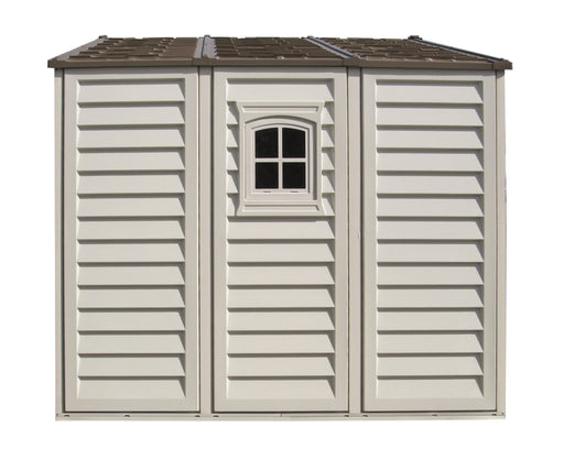 Duramax 10.5x8 Woodbridge Plus w/ Foundation - Backyard Oasis side view; wall features