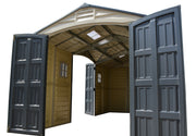 Duramax 15 x 8 Apex Pro w/ Foundation, 2 windows & side door - Backyard Oasis side door open view