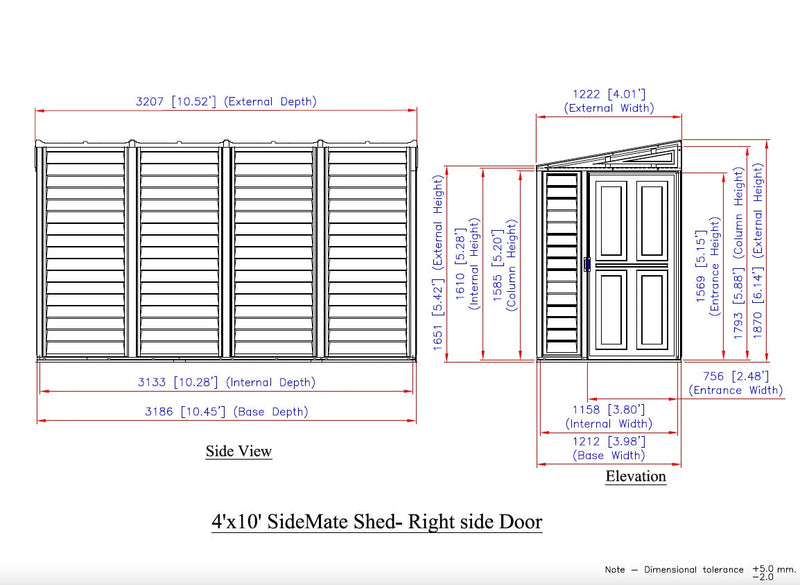 Duramax 4x10 ft Sidemate Vinyl Resin Outdoor Storage Shed with Foundation Kit dimensions