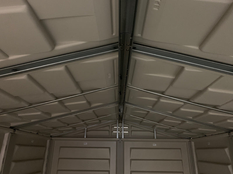 Duramax 6x6 StoreMate Plus Vinyl Shed w/floor - Backyard Oasis close up details on roof support