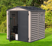 Duramax 6x6 StoreMate Plus Vinyl Shed w/floor - Backyard Oasis one door opened with things inside