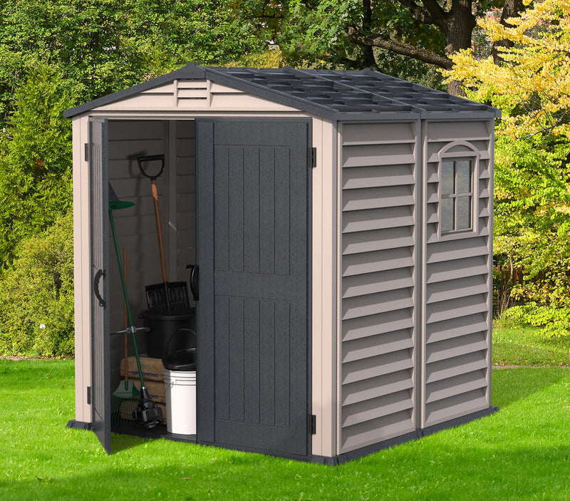 Duramax 6x6 StoreMate Plus Vinyl Shed w/floor - Backyard Oasis one door opened with things inside