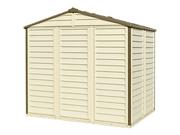 Duramax 8x6 StoreAll Vinyl Shed w/foundation - Backyard Oasis backside angle; stock photo