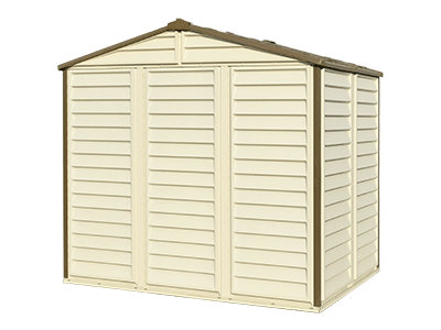 Duramax 8x6 StoreAll Vinyl Shed w/foundation - Backyard Oasis backside angle; stock photo