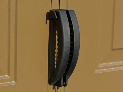 Duramax 8x6 StoreAll Vinyl Shed w/foundation - Backyard Oasis handle close up detail