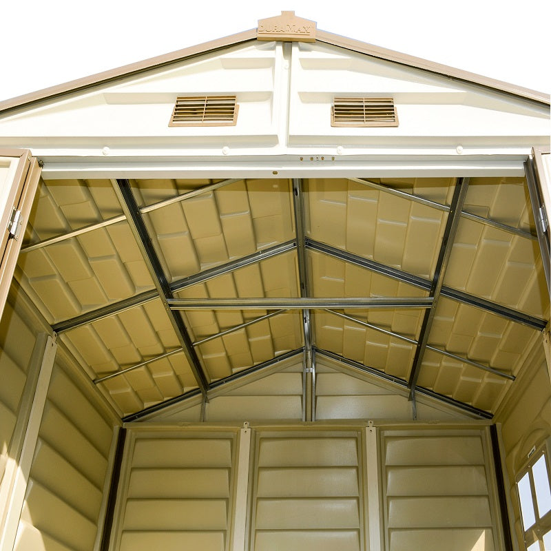 Duramax 8x6 StoreAll Vinyl Shed w/foundation - Backyard Oasis roof support view from inside